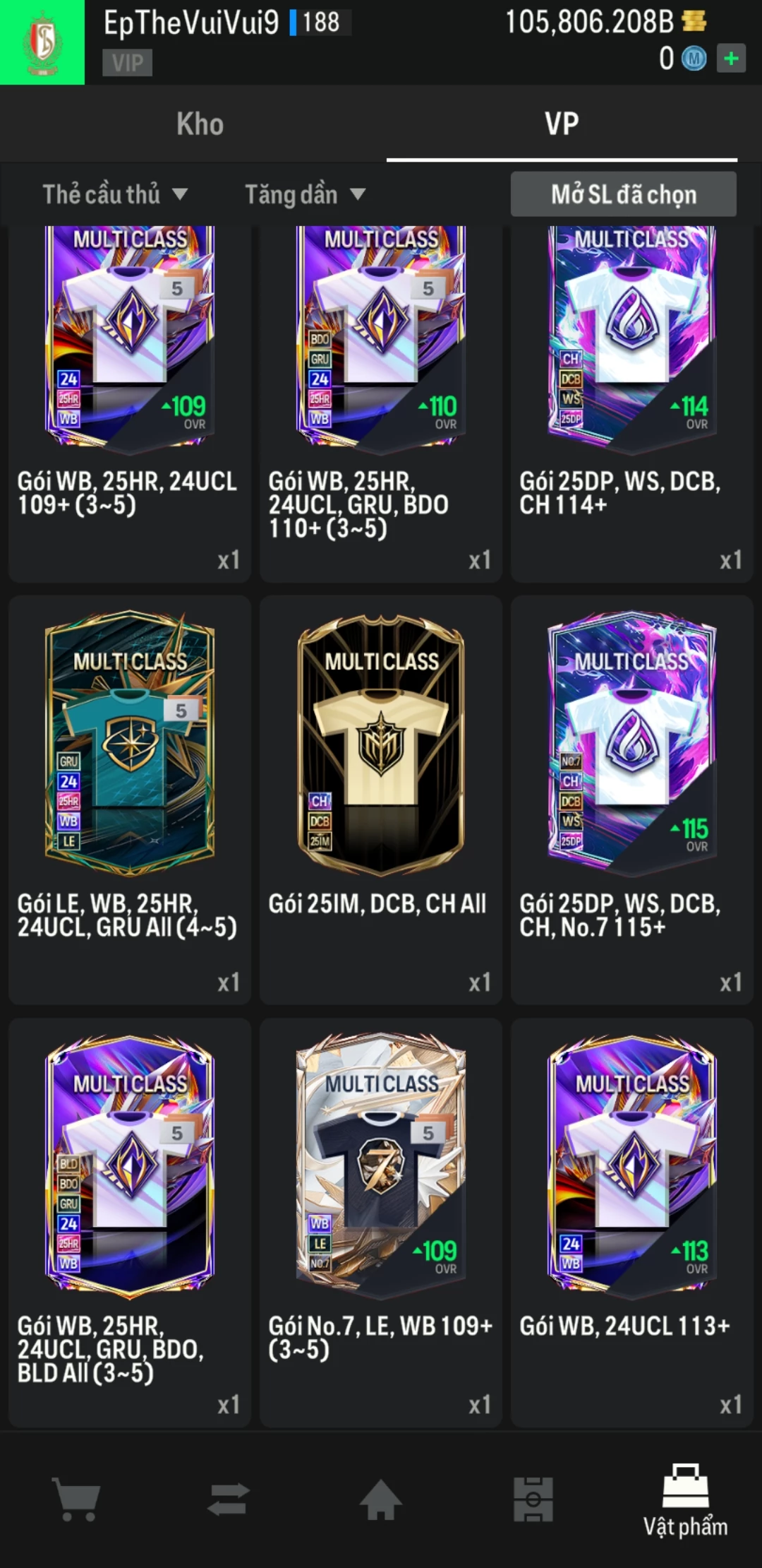 Ảnh ACC mở thẻ (LOẠI SVIP PROMAX) bao gồm có 01 thẻ +12, 03 thẻ PRIME (QH+, CP+, XS+) và hơn 1500+ đến 1600+ thẻ cầu thủ từ Siêu sao đến Miền núi các loại. Acc có sẵn BP trắng từ 90.000 tỷ BP đến 110.000 tỷ BP kèm theo nhiều ngày SVIP